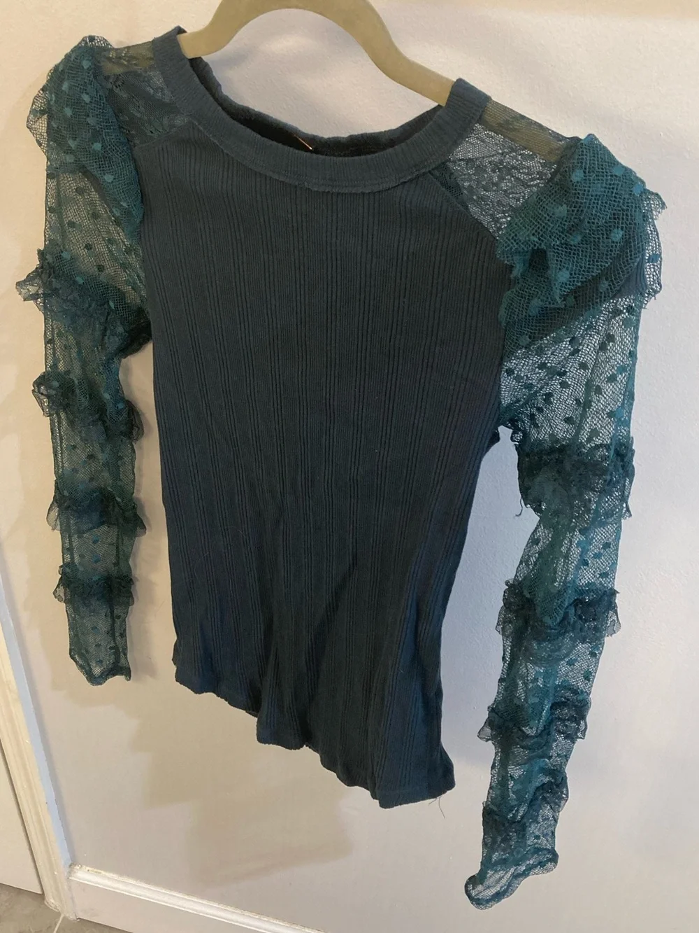Free People Kiss Kiss Ruffle Lace Sleeve Ribbed Shirt Dark Green